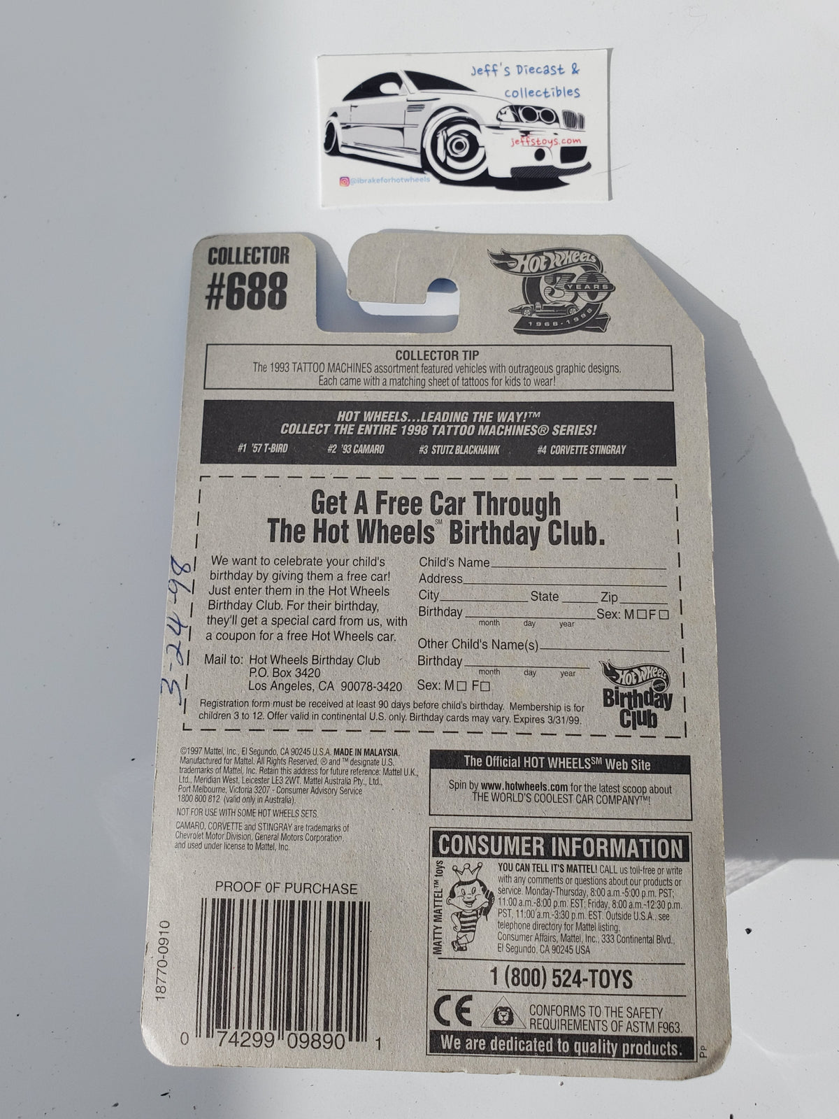 1998 Hot Wheels Corvette Stingray #688 Tattoo Machines